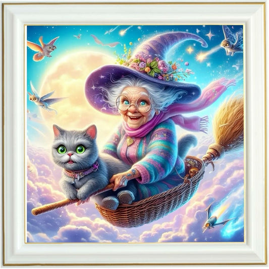 Diamond painting AB - Sorcière joyeuse et chat enchanté