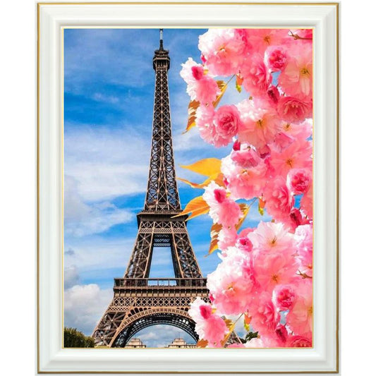 Broderie diamant - Tour Eiffel et fleurs roses
