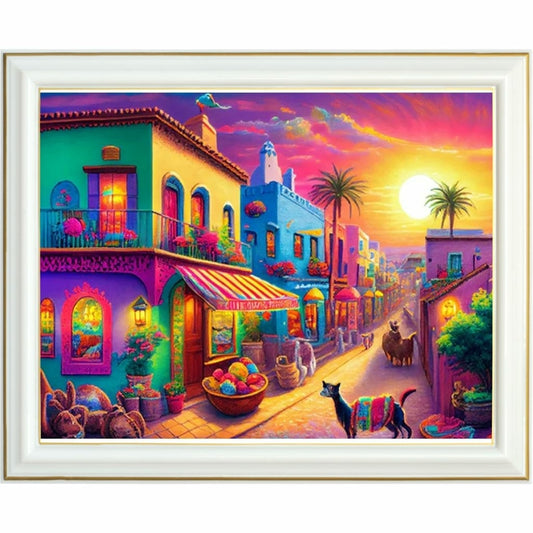 Diamond painting - Village coloré au coucher du soleil