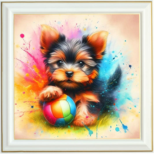 Diamond painting - Yorkshire Terrier Joyeux avec Balle Colorée